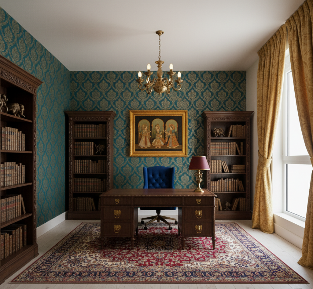 Study room with a mix of Indian and british decor